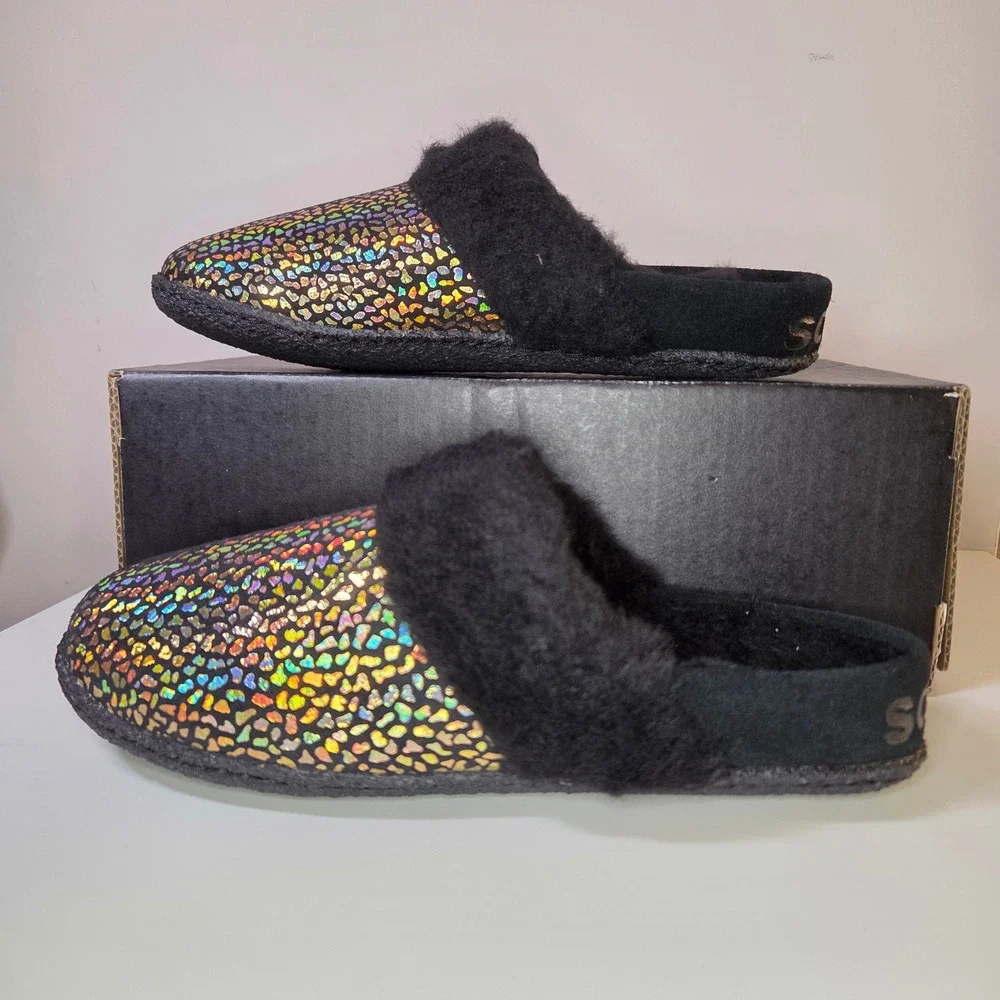 Sorel Youth Nakiska Slide II Black Sea Salt Metallic Holographic Slippers Size 7